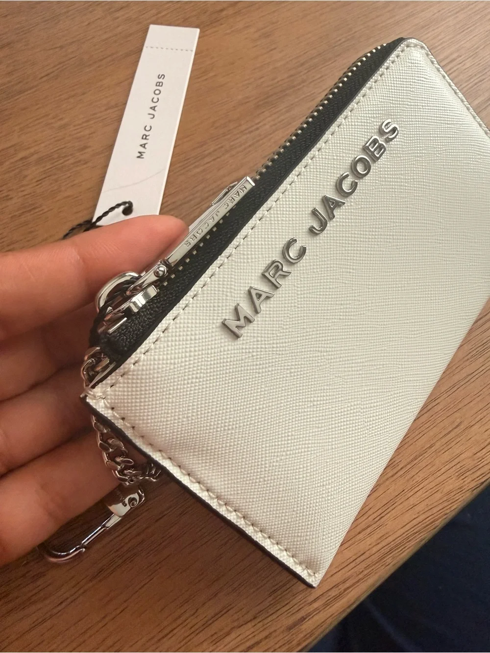 Marc Jacobs White Leather Zip Card Pouch with Silver Hardware